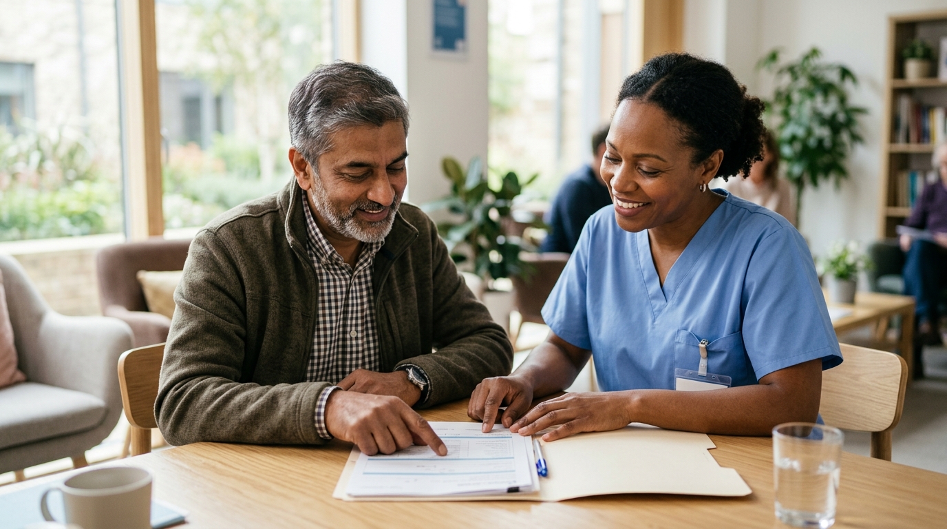 Healthcare professional and member reviewing paperwork